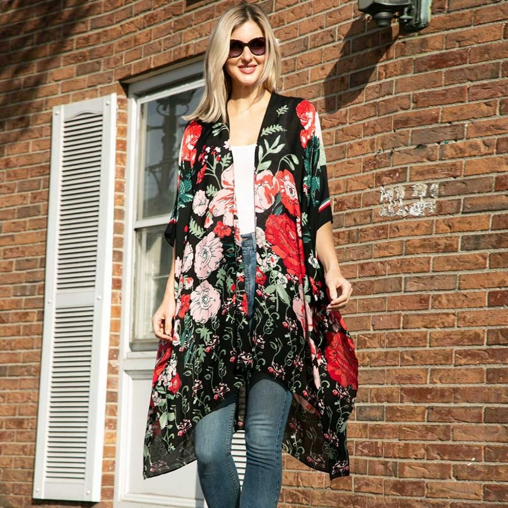 Flower Printed Cover Up Kimono Poncho